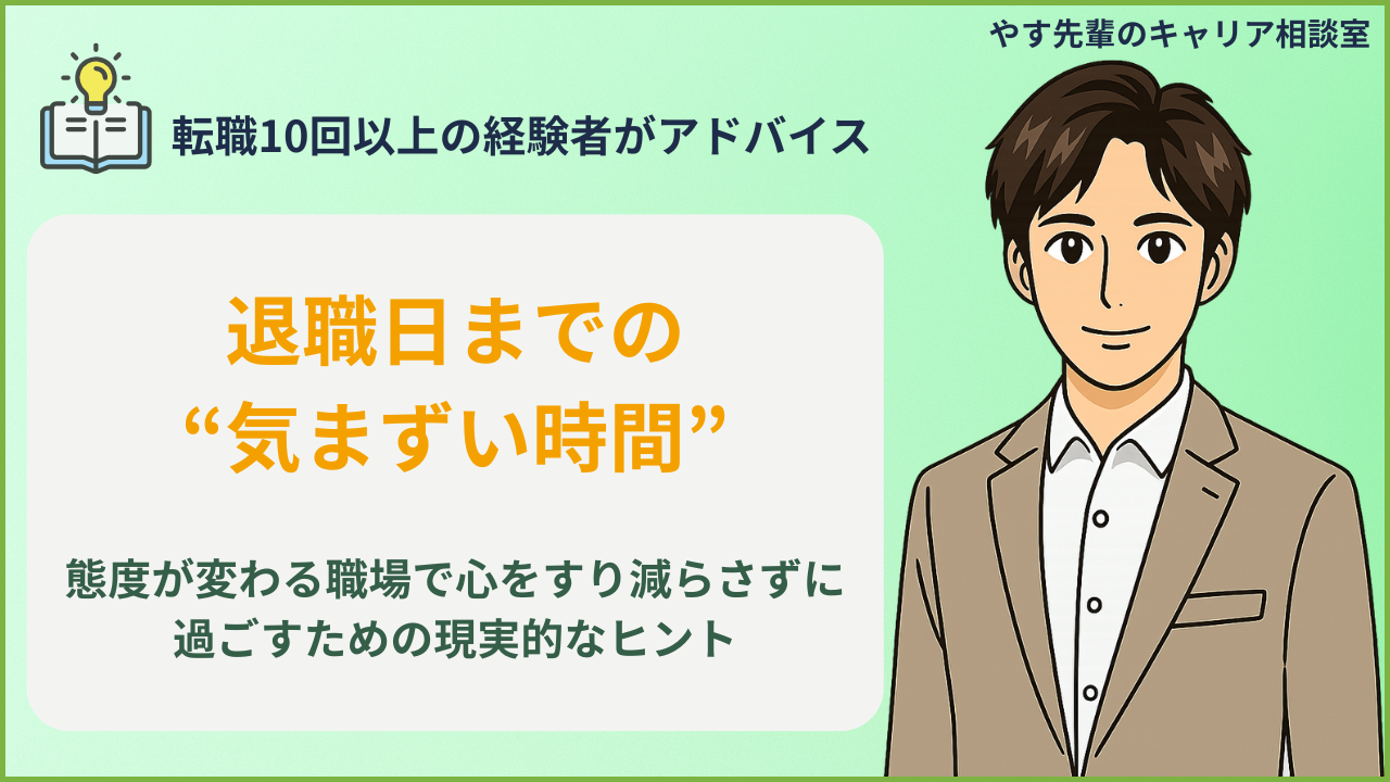 退職日までの気まずい時間の過ごし方や、態度が変わる職場で心をすり減らさないための対処法を、転職10回以上の経験者・やす先輩が解説