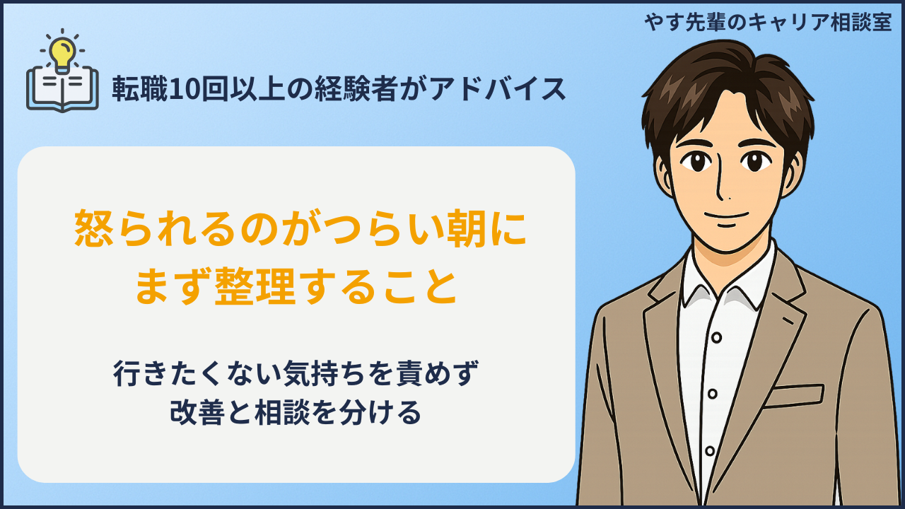 怒られるのがつらくて仕事に行きたくない朝に、出社前の不安を整理しているイメージ