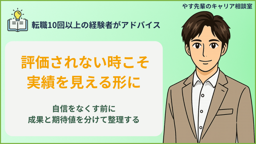 仕事で評価されず自信をなくした人が、実績を棚卸しして整理しているイメージ
