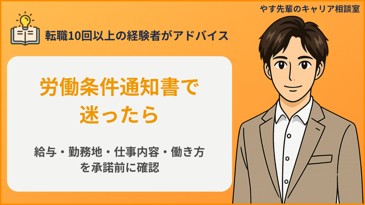 転職の内定後に労働条件通知書と求人票を見比べ、確認項目を書き出しているイメージ