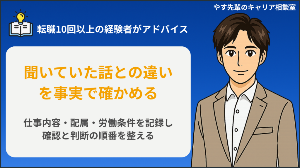 転職先の説明と実際の仕事内容や条件を照合するイメージ