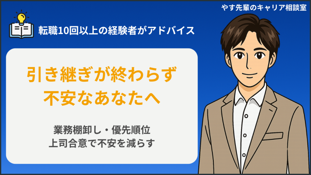 退職前の引き継ぎが終わらない人が、業務一覧と引き継ぎ資料を整理しているイメージ