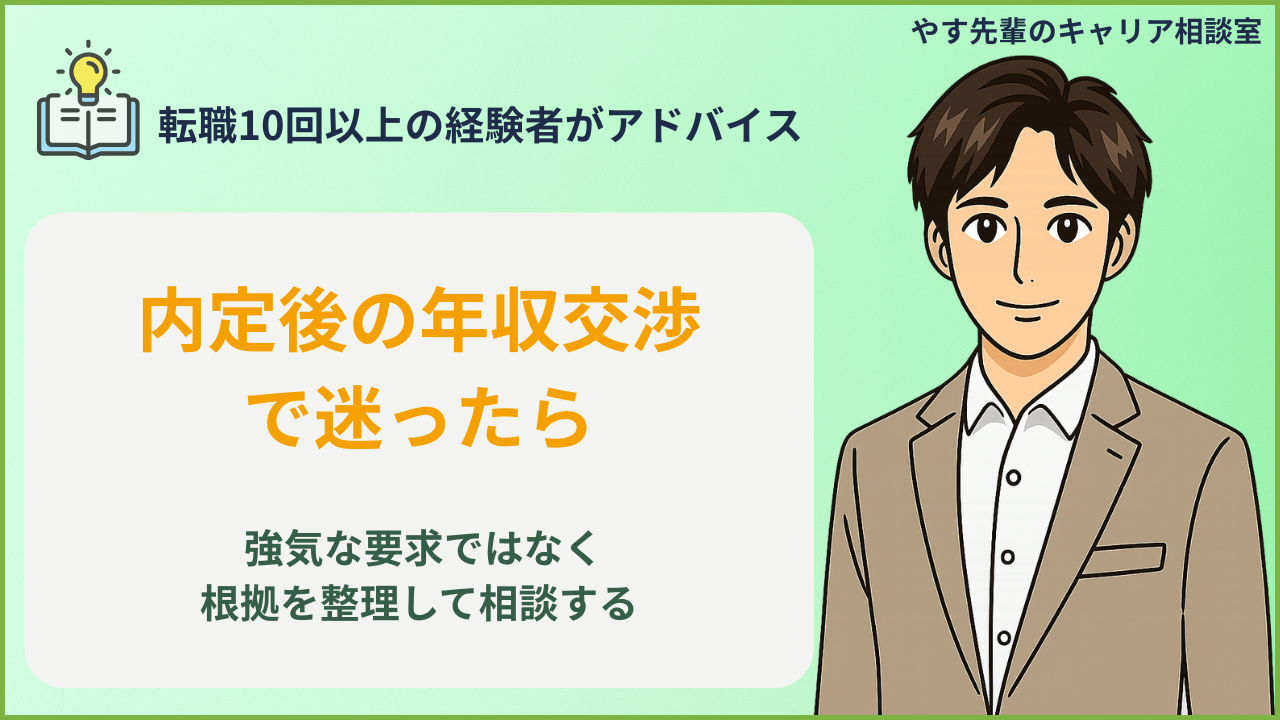 転職の内定後に提示年収と希望条件を見比べ、年収交渉の根拠を整理しているイメージ