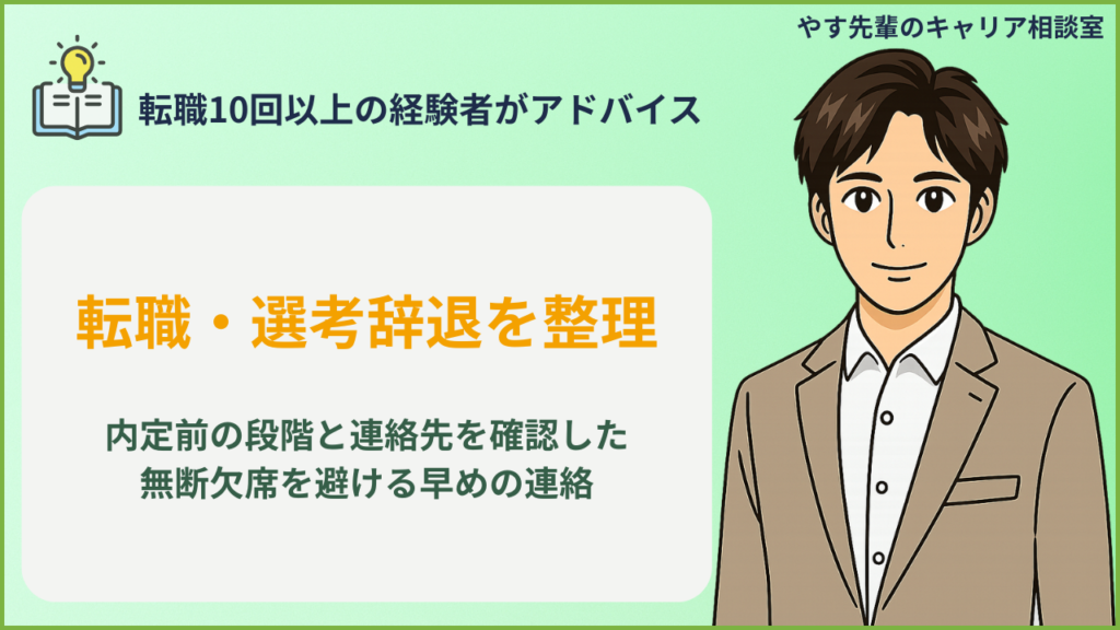 転職の選考辞退はいつ伝える?内定前に断るメール例文と注意点の判断項目を整理するイメージ